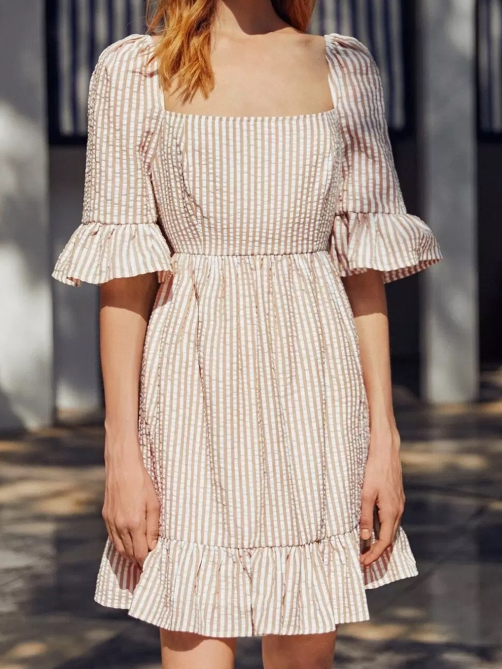 $7 Women's tan Striped Square-Neck Ruffle Dress size L. $7 WHEN BUNDLED WITH 3
